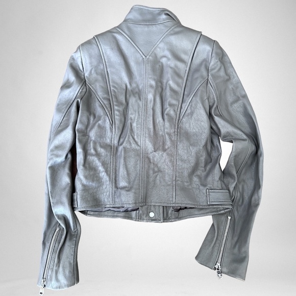 Women’s Calvin Klein 100% Genuine Leather Motorcycle Jacket  XS Gray NEW flaws - Picture 4 of 13